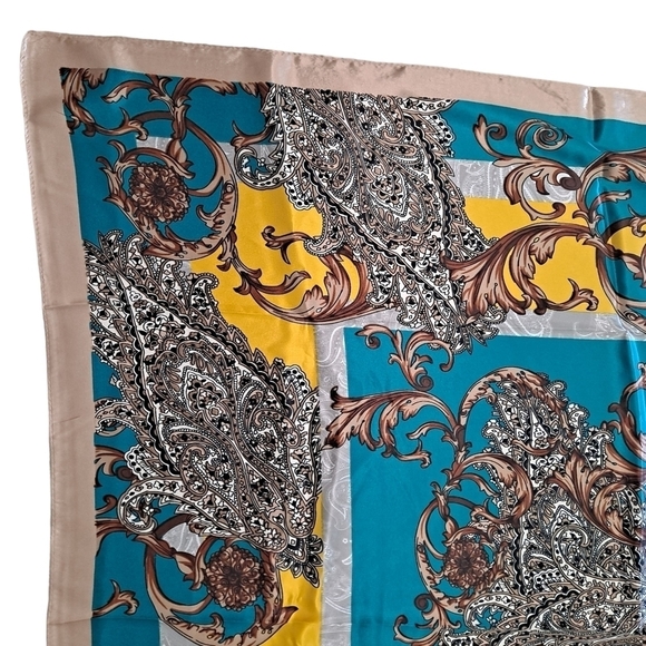 💖 2/$30 Square Satin oversized boho Floral blue paisley Old Money hair Scarf - Picture 8 of 16